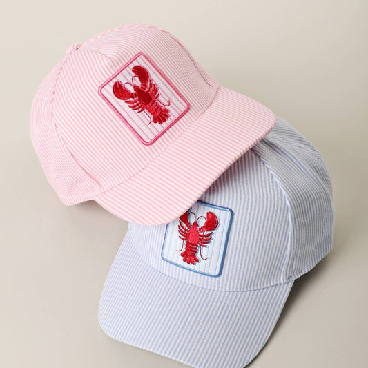 Lobster Embroidered Patch Seersucker Trucker Hat: BLUE / ONE SIZE