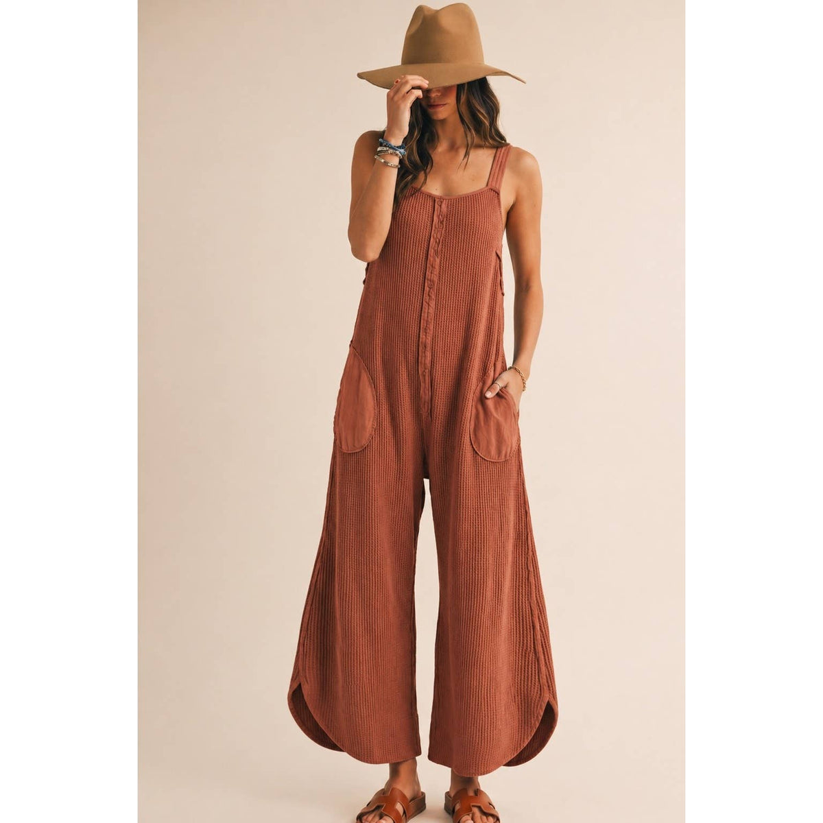 Washed Waffle Drift Pleated Flow Wide Leg Jumpsuit: OATMEAL / S-M-L-XL(2-2-2-1)