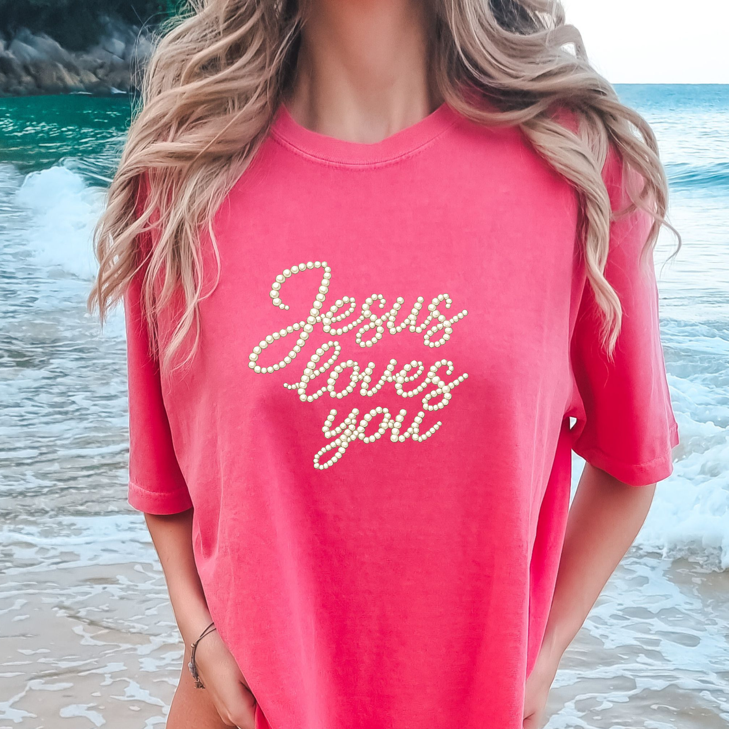 Jesus Loves You Pearl Script Tee - Comfort Colors