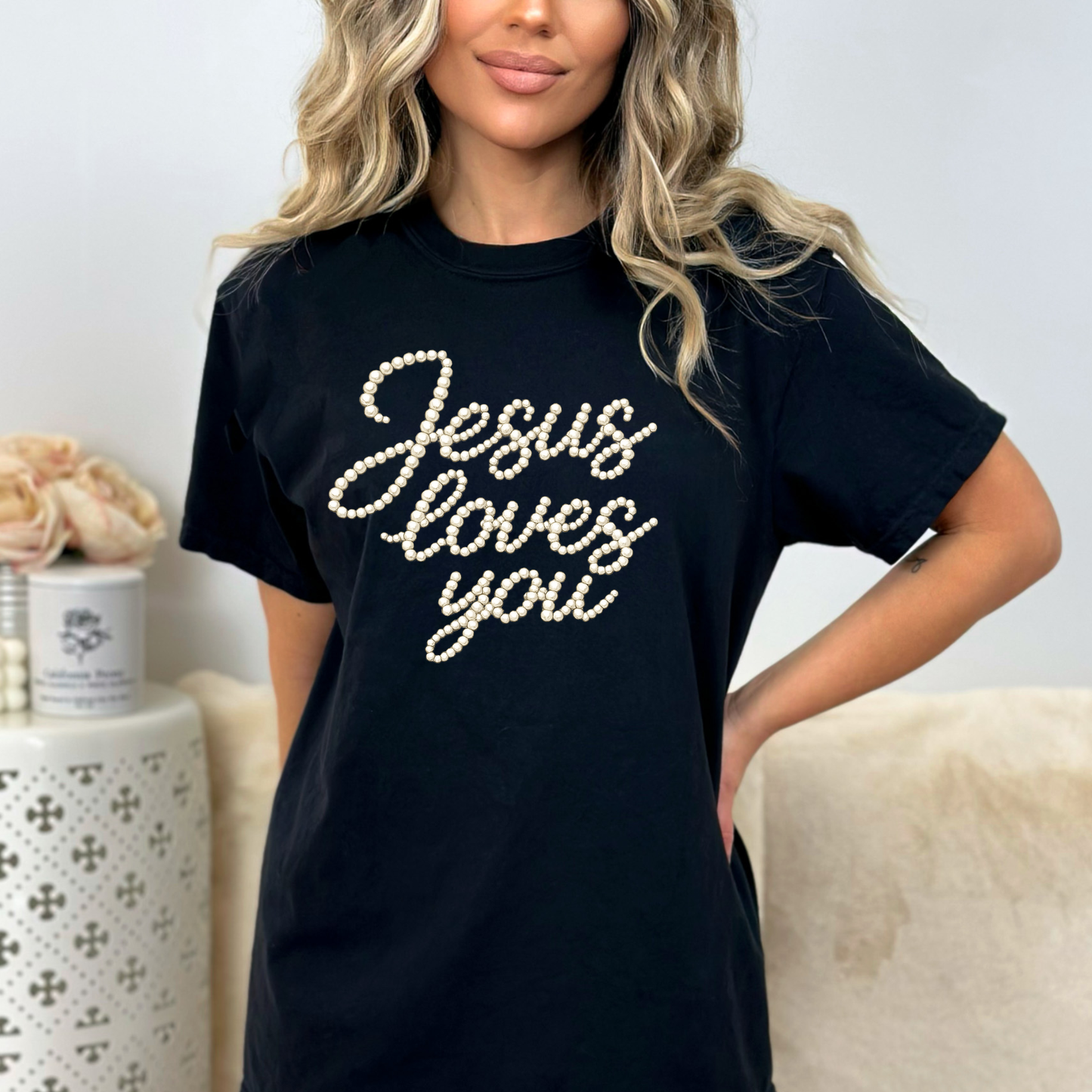 Jesus Loves You Pearl Script Tee - Comfort Colors
