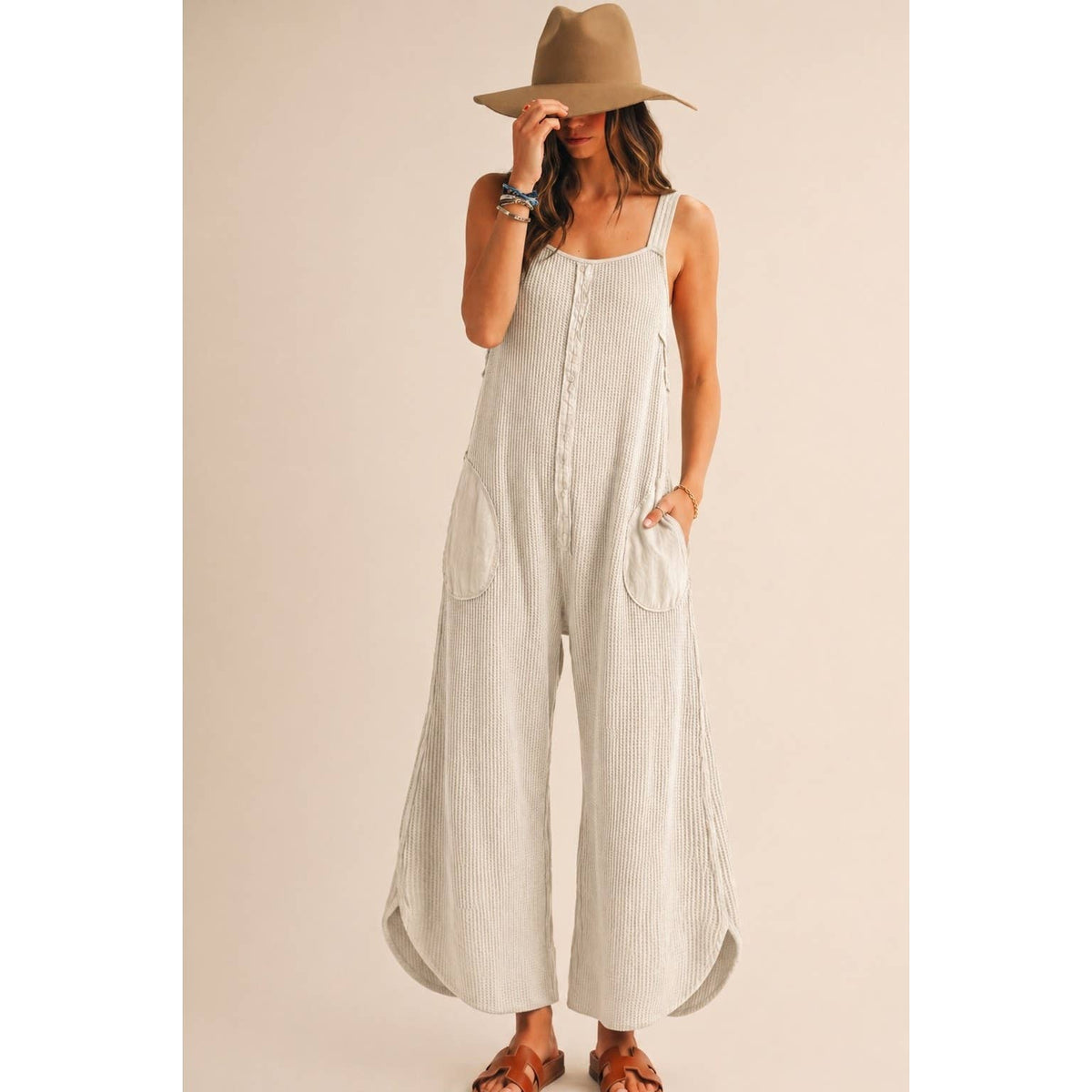 Washed Waffle Drift Pleated Flow Wide Leg Jumpsuit: OATMEAL / S-M-L-XL(2-2-2-1)