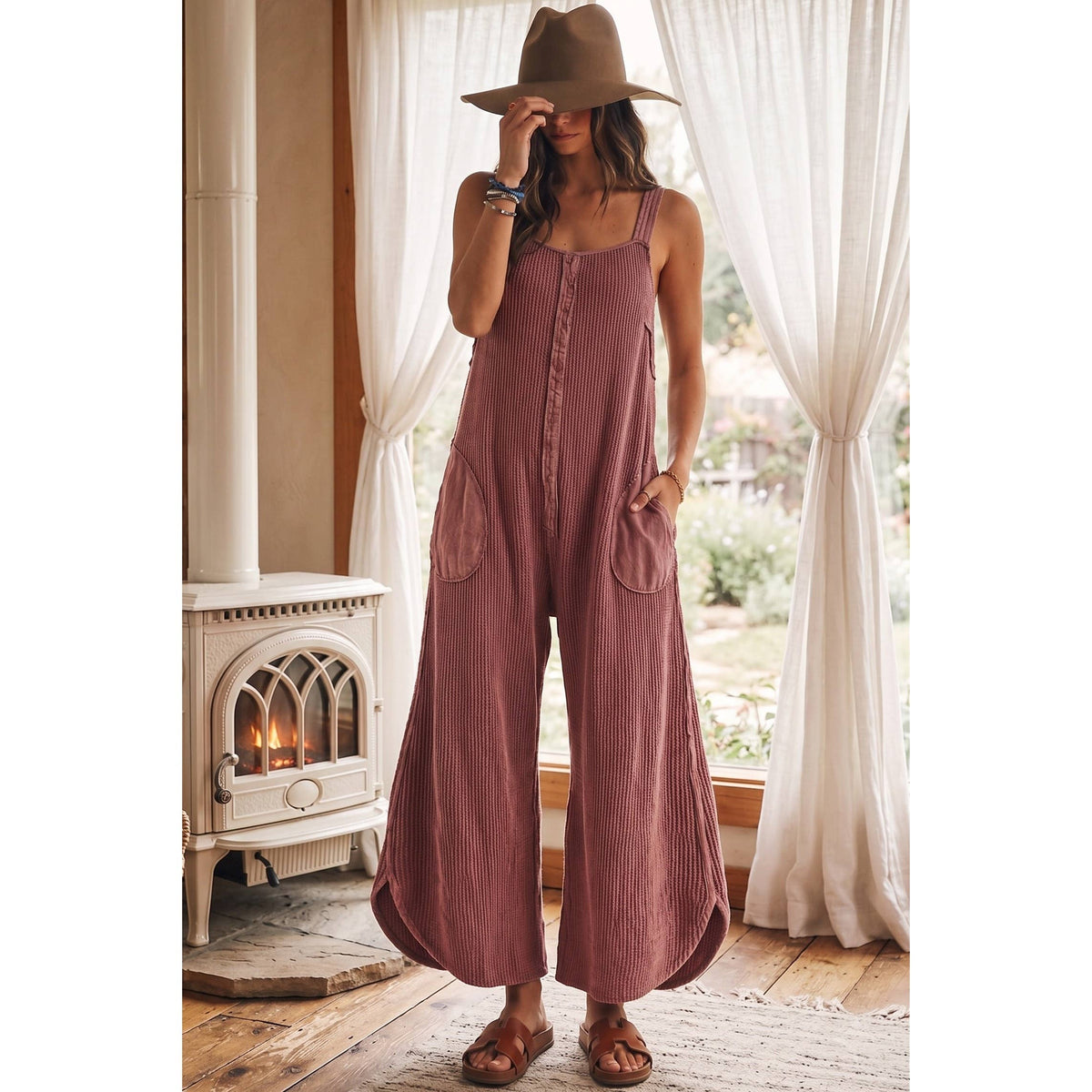 Washed Waffle Drift Pleated Flow Wide Leg Jumpsuit: OATMEAL / S-M-L-XL(2-2-2-1)