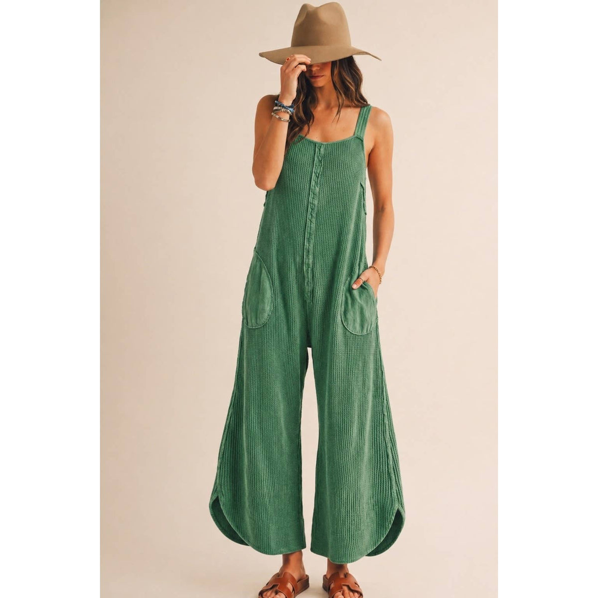 Washed Waffle Drift Pleated Flow Wide Leg Jumpsuit: OATMEAL / S-M-L-XL(2-2-2-1)