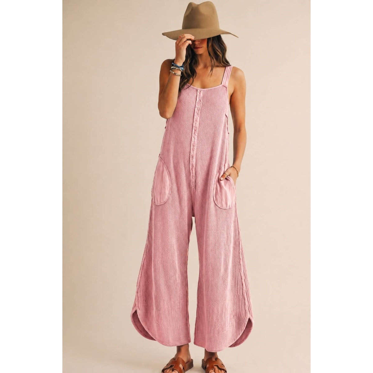 Washed Waffle Drift Pleated Flow Wide Leg Jumpsuit: OATMEAL / S-M-L-XL(2-2-2-1)