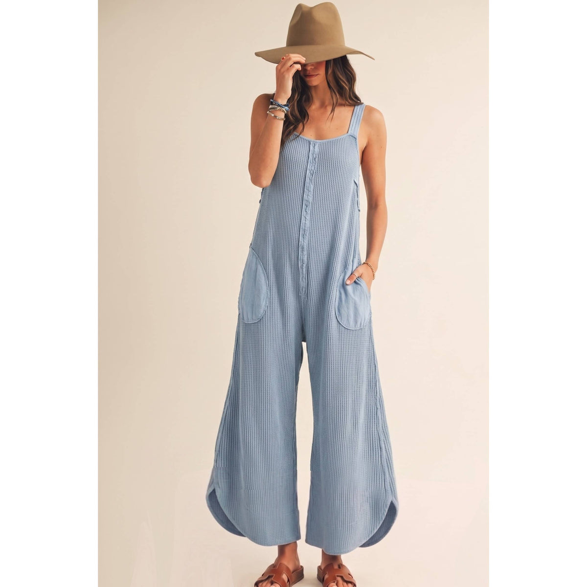 Washed Waffle Drift Pleated Flow Wide Leg Jumpsuit: OATMEAL / S-M-L-XL(2-2-2-1)
