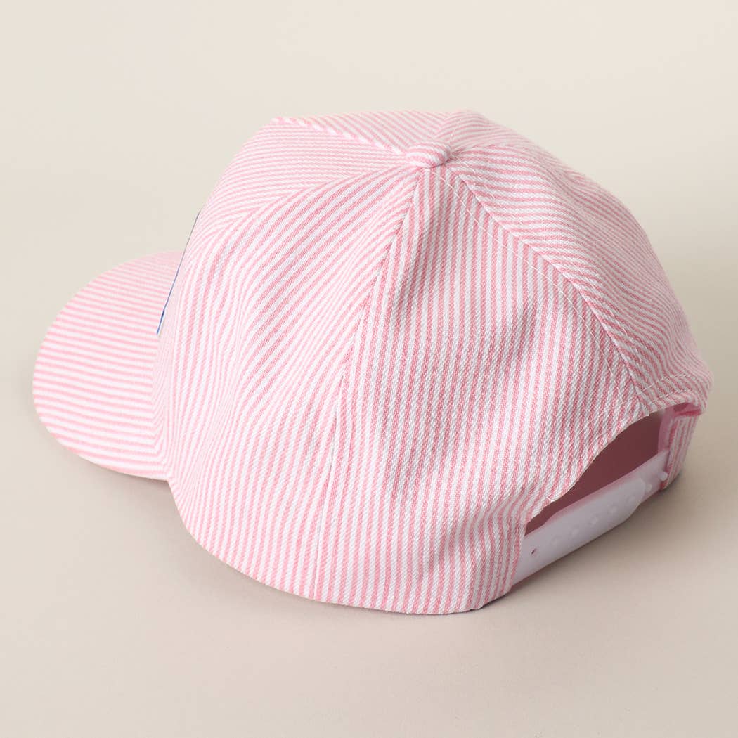 Pink Seersucker USA Letter Patch Striped Trucker Hat