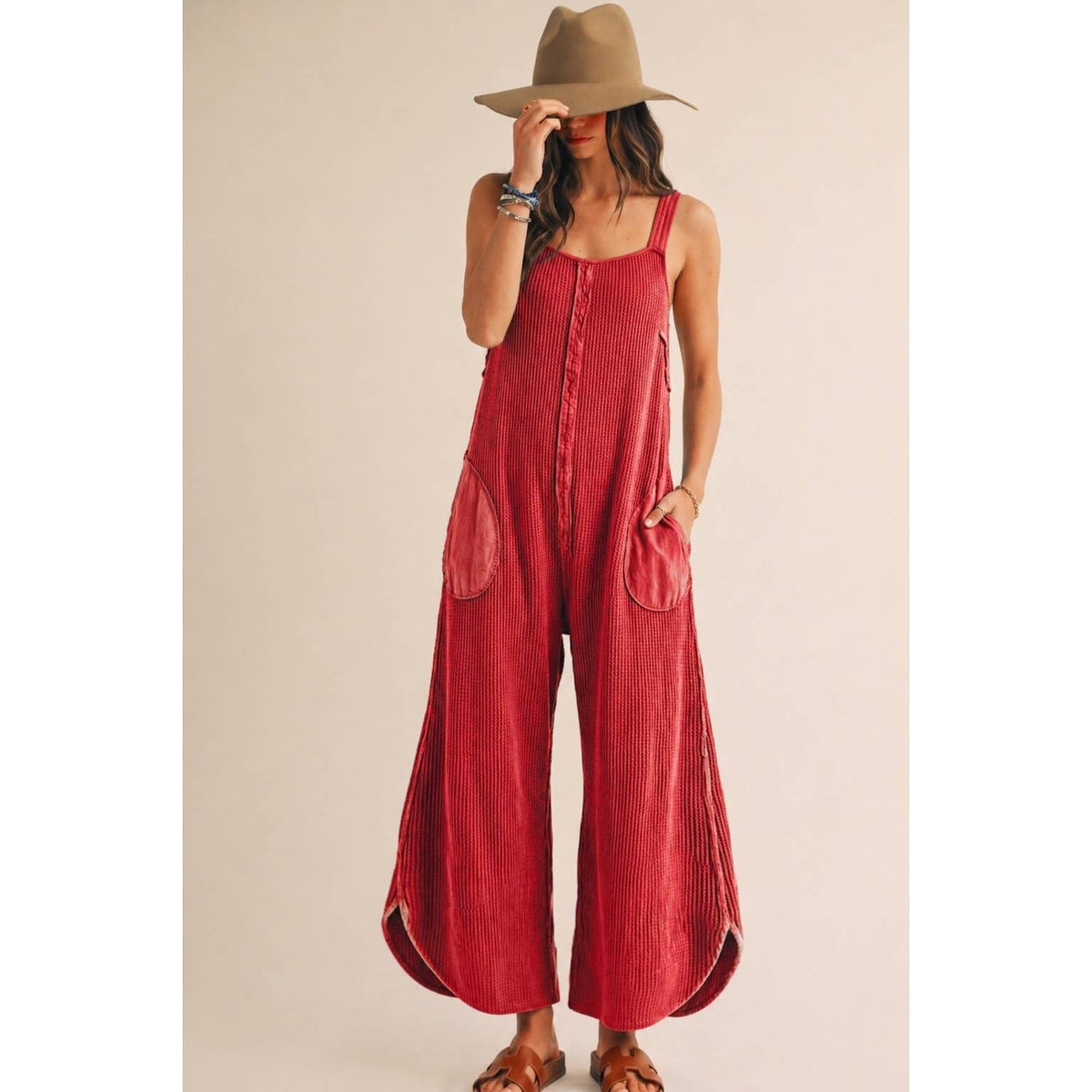 Washed Waffle Drift Pleated Flow Wide Leg Jumpsuit: OATMEAL / S-M-L-XL(2-2-2-1)