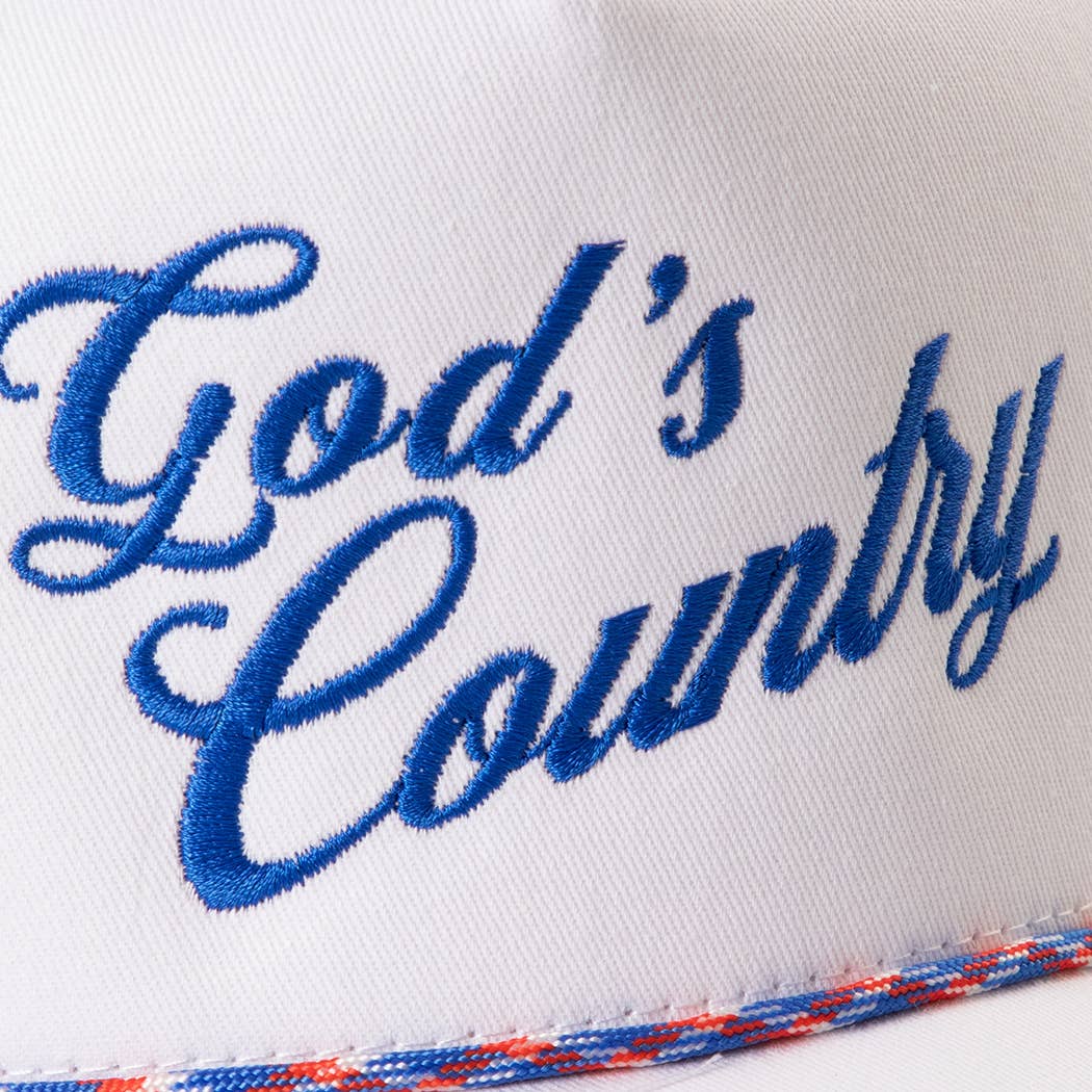 God's Country Embroidered USA Rope Trucker Hat: WHITE-ROYAL BLUE / ONE SIZE