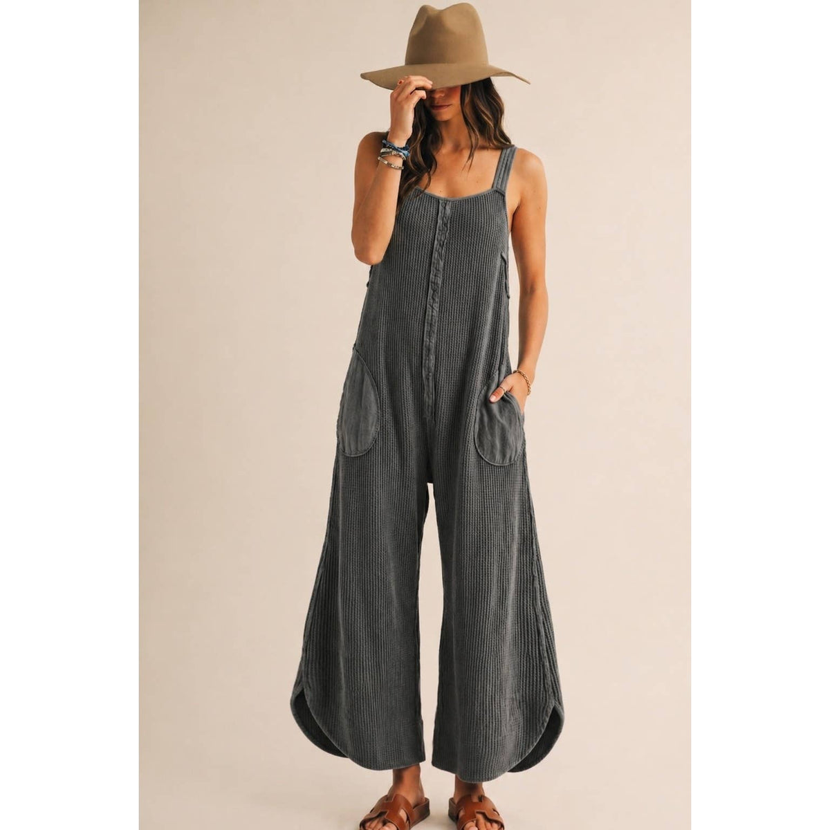 Washed Waffle Drift Pleated Flow Wide Leg Jumpsuit: OATMEAL / S-M-L-XL(2-2-2-1)