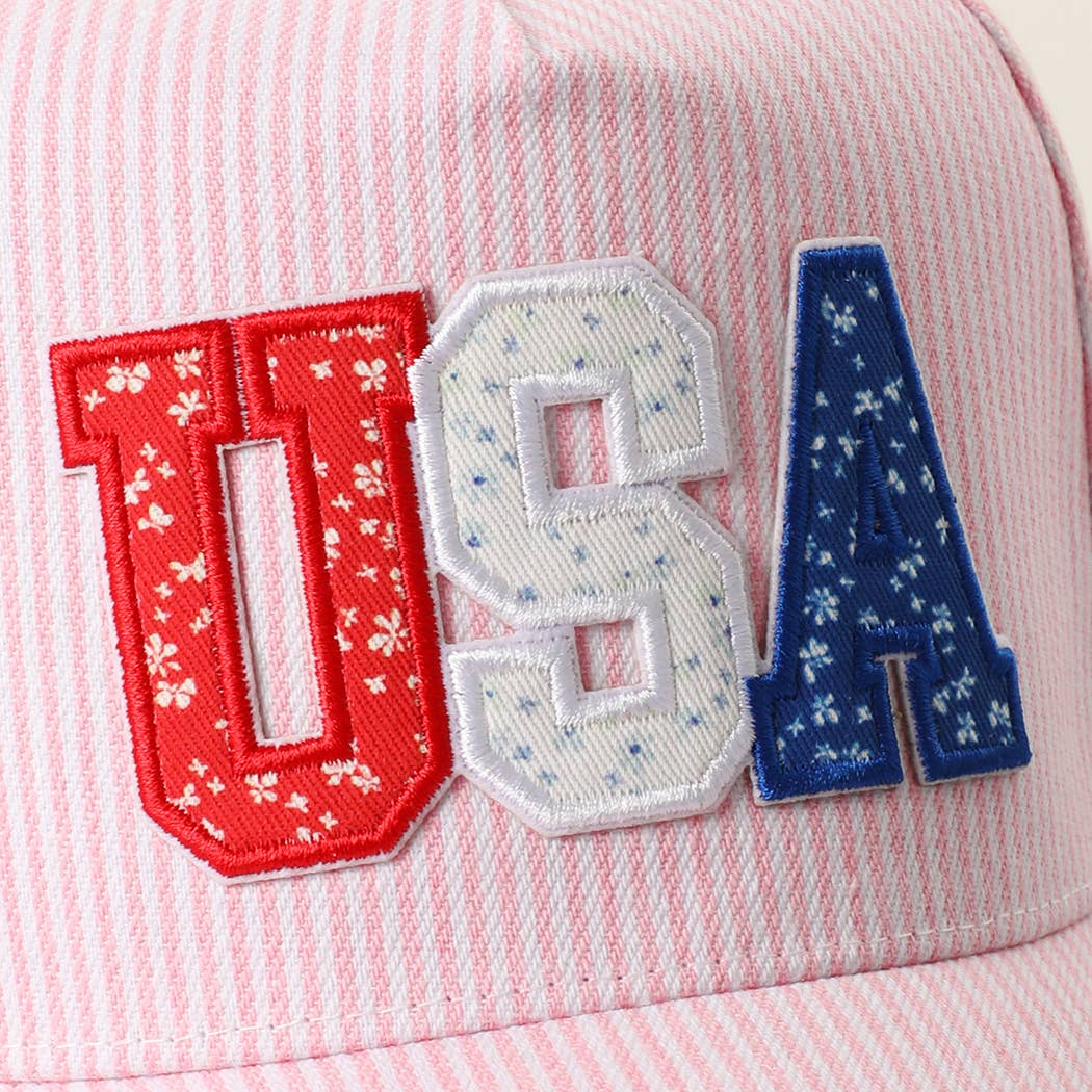 Pink Seersucker USA Letter Patch Striped Trucker Hat