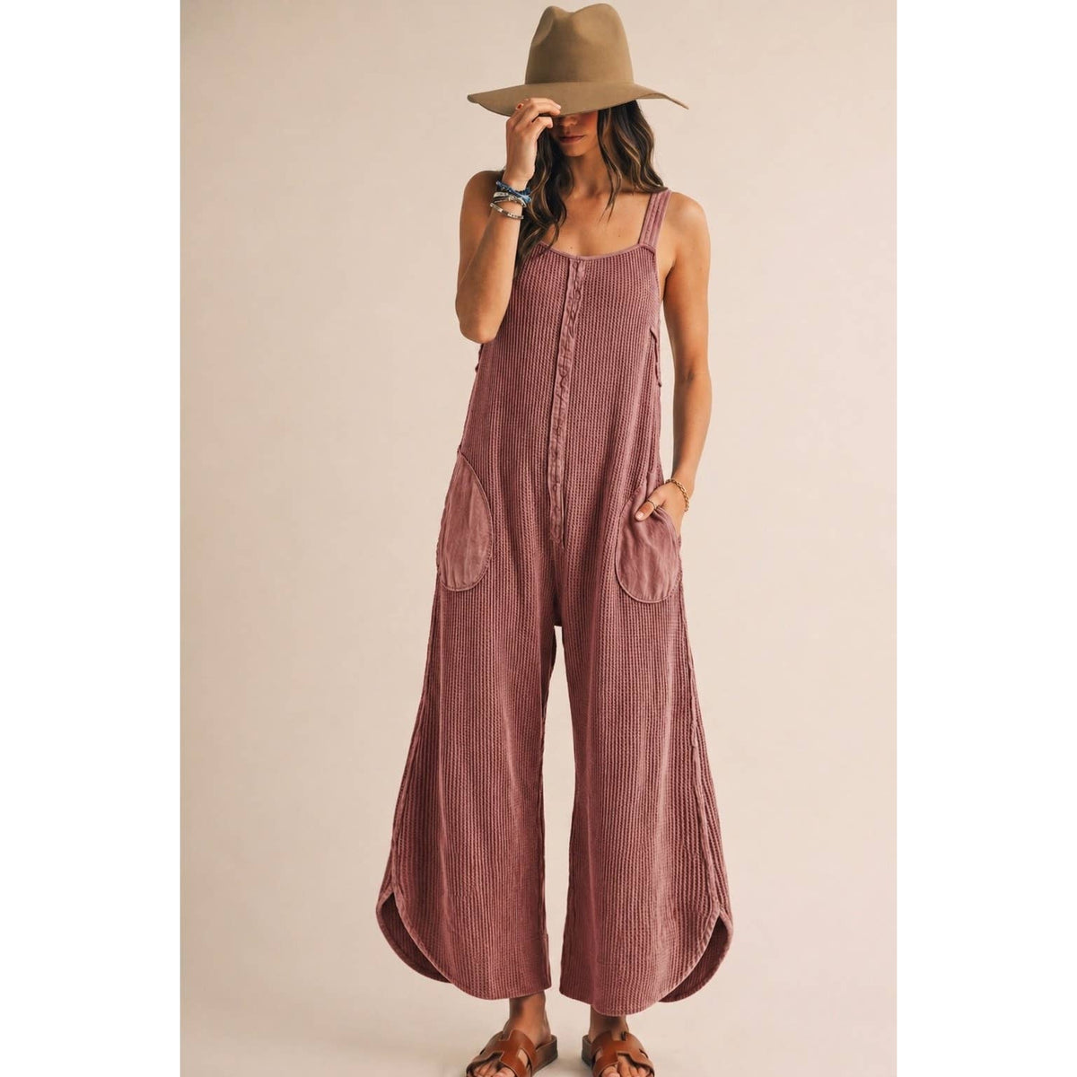 Washed Waffle Drift Pleated Flow Wide Leg Jumpsuit: OATMEAL / S-M-L-XL(2-2-2-1)