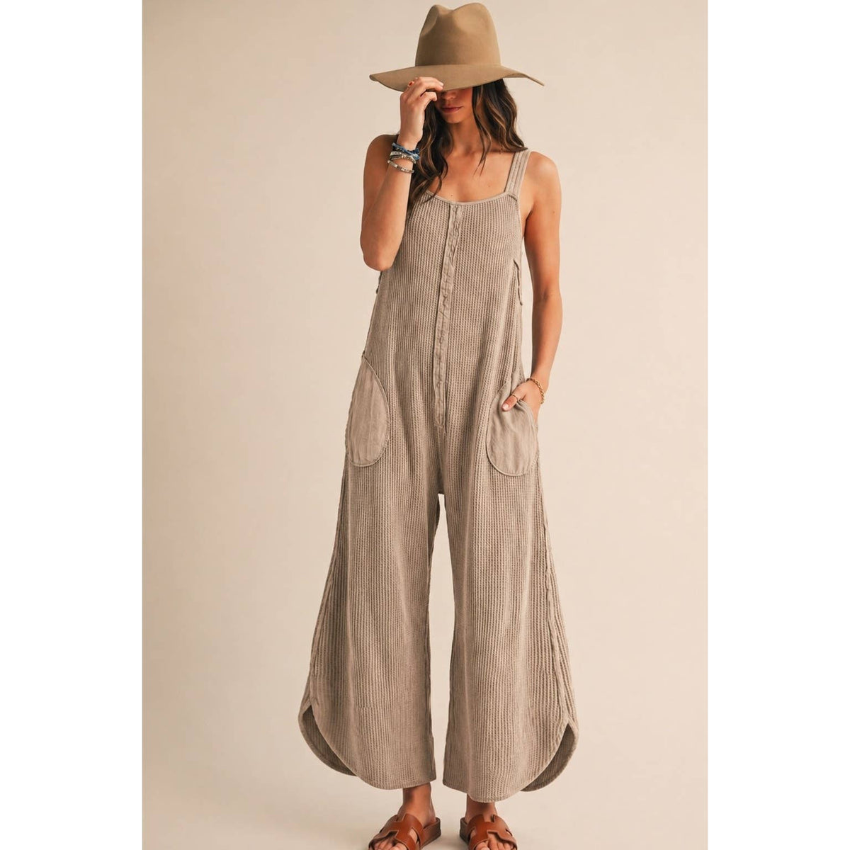 Washed Waffle Drift Pleated Flow Wide Leg Jumpsuit: OATMEAL / S-M-L-XL(2-2-2-1)