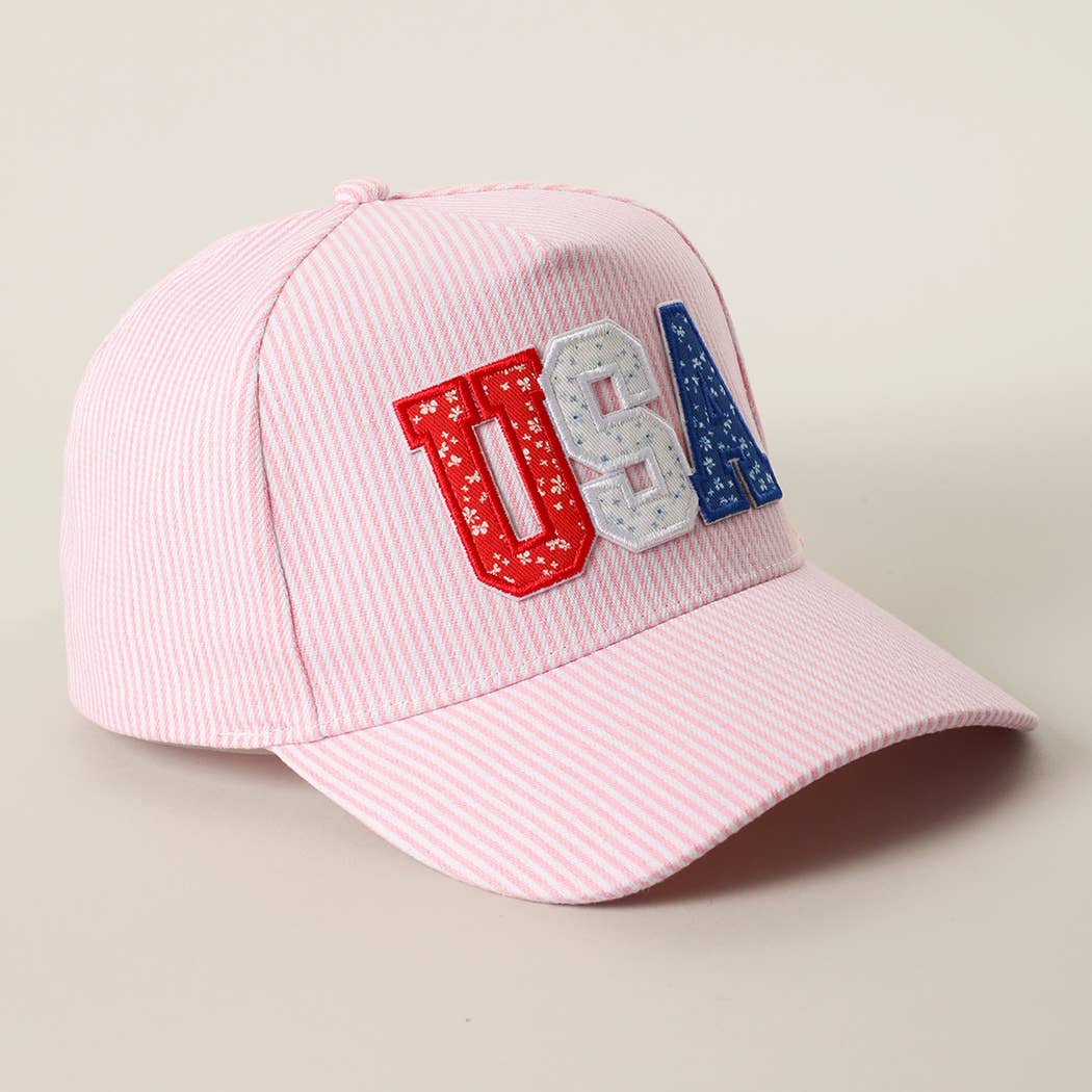 Pink Seersucker USA Letter Patch Striped Trucker Hat