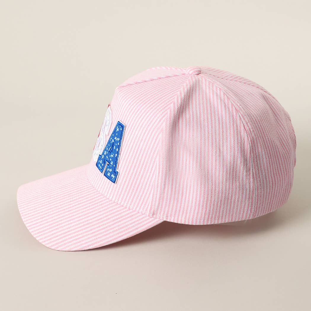Pink Seersucker USA Letter Patch Striped Trucker Hat
