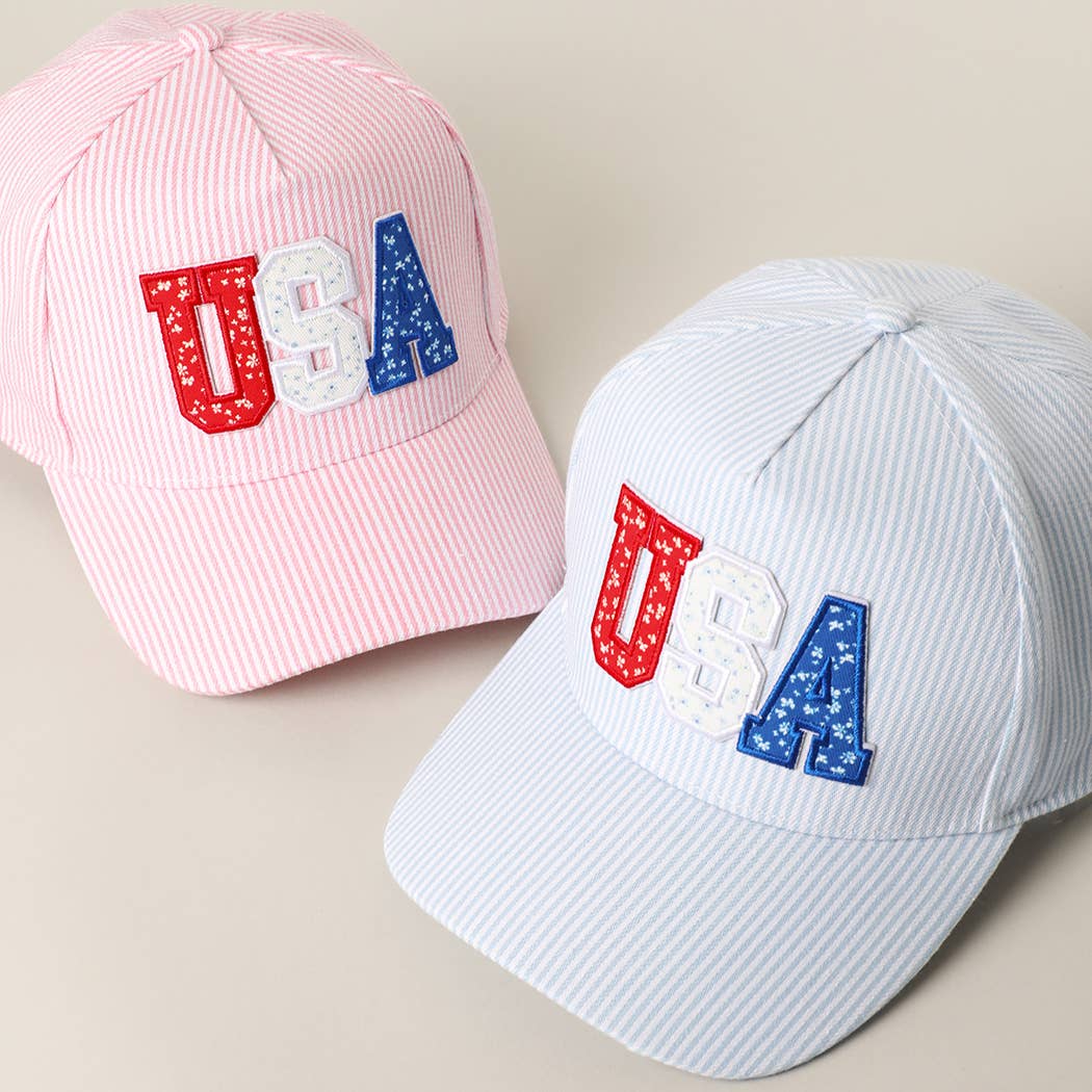 Pink Seersucker USA Letter Patch Striped Trucker Hat