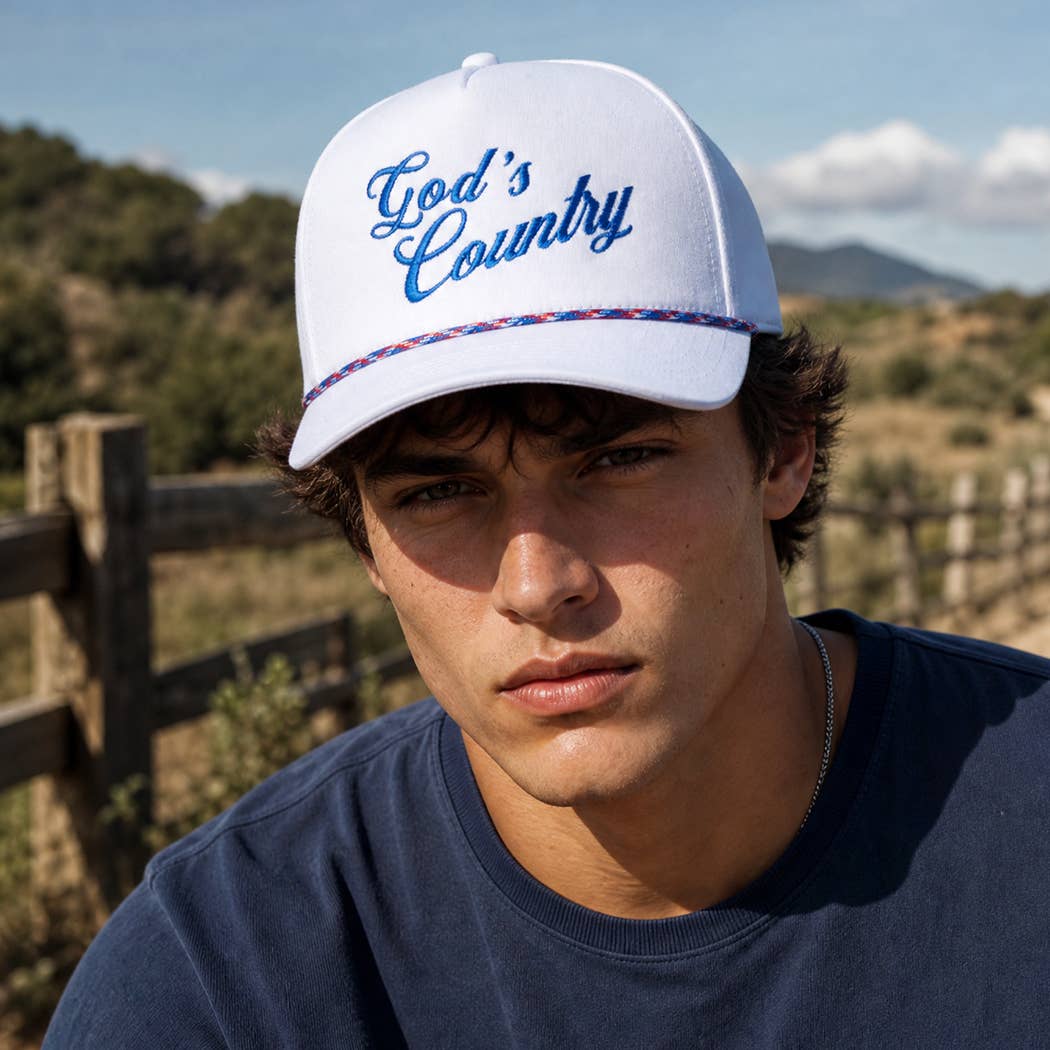 God's Country Embroidered USA Rope Trucker Hat: WHITE-ROYAL BLUE / ONE SIZE