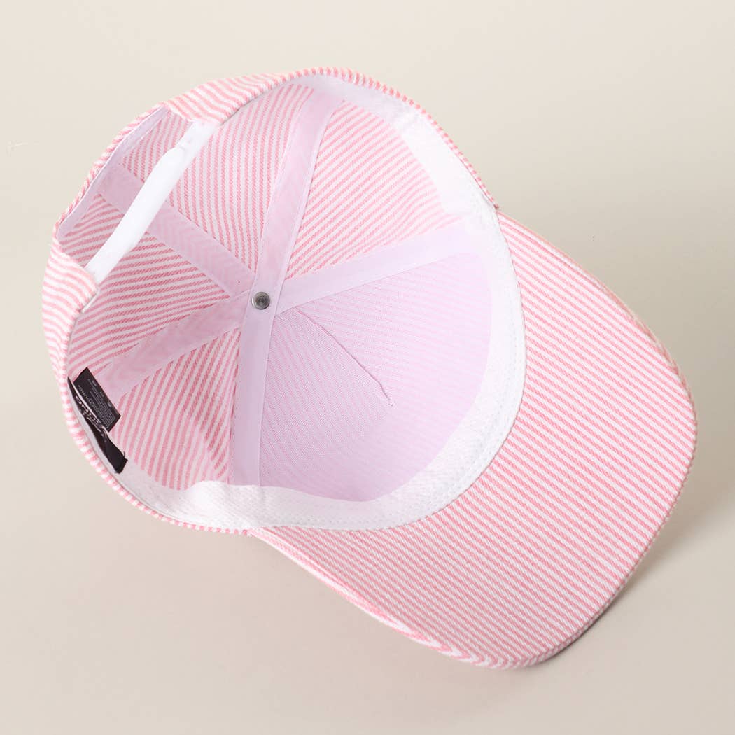 Pink Seersucker USA Letter Patch Striped Trucker Hat