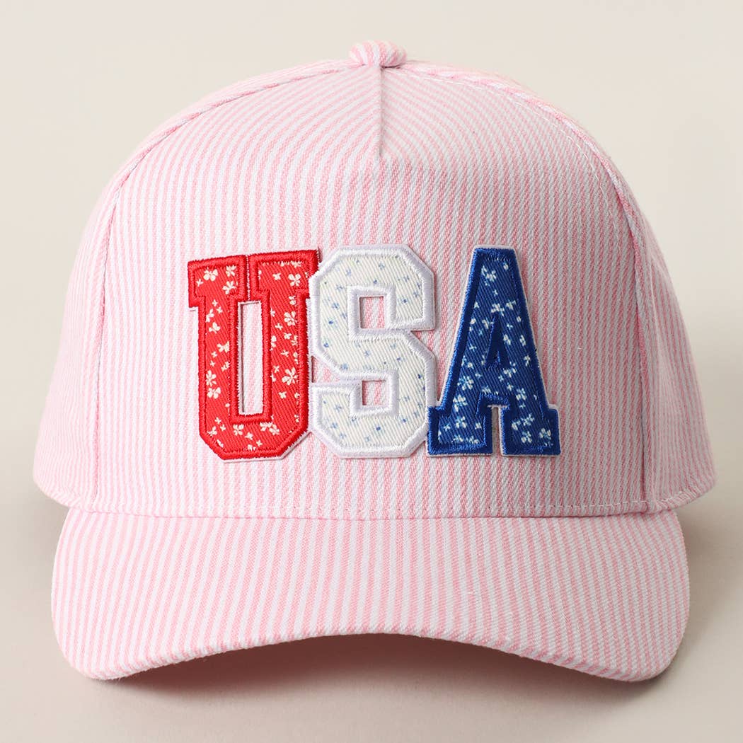 Pink Seersucker USA Letter Patch Striped Trucker Hat