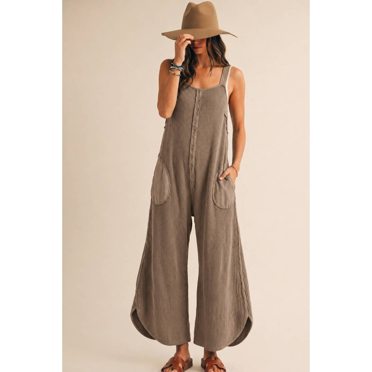 Washed Waffle Drift Pleated Flow Wide Leg Jumpsuit: OATMEAL / S-M-L-XL(2-2-2-1)